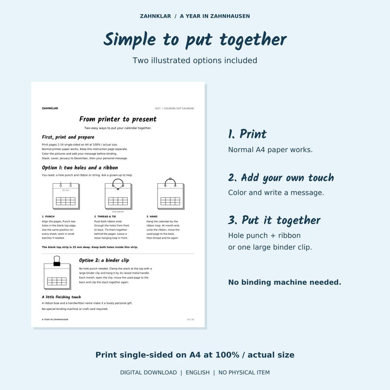Op de afbeelding: Een instructiedocument getiteld Simple to put together voor een printbare kalender. Het beschrijft twee montagemethoden: met een perforator en lint, of een binderclip. De tekst bevat stappen voor het afdrukken op A4-papier en het toevoegen van details.