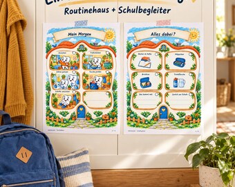 Kinderplaner-Paket: Routinehaus mit Fensterläden und Schulbegleiter, druckbare PDFs