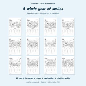 Op de afbeelding: Een digitale kalenderset getiteld A Year in Zahnhausen met twaalf maandelijkse pagina's met zwart-witte lijntekeningen van antropomorfe tandfiguren. Elke pagina bevat een maandoverzicht, kalenderdata en seizoensgebonden thema's.