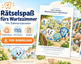 Wartezimmer Rätsel für Kinder ab 4 | Zahnarztpraxis PDF zum Ausdrucken | 6 Bilderrätsel mit Lösungen | Praxislizenz