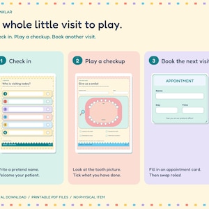 Op de afbeelding: Een digitale printbare set getiteld Zahnklar, A whole little visit to play. Het bevat drie secties: Check in met een pati&euml;ntenlijst, Play a checkup met een gebitsdiagram en Book the next visit met een sjabloon voor een afsprakenkaart.