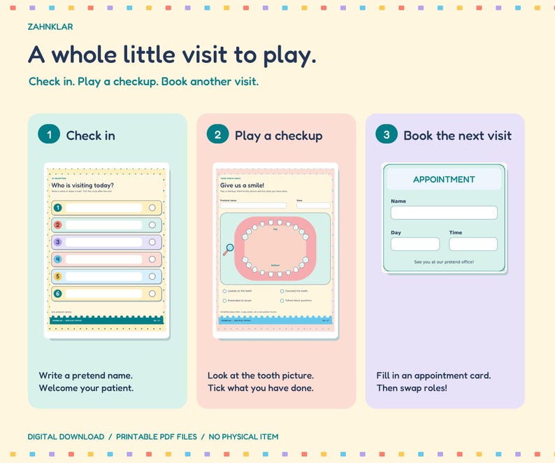 Op de afbeelding: Een digitale printbare set getiteld Zahnklar, A whole little visit to play. Het bevat drie secties: Check in met een pati&euml;ntenlijst, Play a checkup met een gebitsdiagram en Book the next visit met een sjabloon voor een afsprakenkaart.
