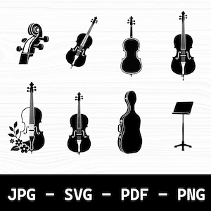 Pode incluir: Uma coleção de silhuetas pretas apresentando uma voluta de violoncelo, várias orientações de violoncelo, um violoncelo com detalhes florais, um estojo e uma estante de partitura. O texto abaixo diz JPG - SVG - PDF - PNG, indicando os formatos.