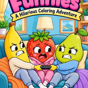 Puede incluir: Una portada de libro para colorear titulada Fruity Funnies A Hilarious Coloring Adventure con una banana, una fresa y una pera de dibujos animados en un sofá azul sosteniendo un control remoto con un tazón de palomitas en una mesa.
