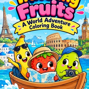 Puede incluir: Un libro para colorear titulado Traveling Fruits: A World Adventure con un plátano amarillo, una fresa roja y una pera verde en un bote de madera. El fondo muestra la Torre Eiffel, el Coliseo y el Big Ben bajo un cielo azul.
