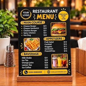May include: A black restaurant menu sign with yellow text and accents, featuring sections for Main Course, Appetizers, and Baverage. It displays images of a cheeseburger, french fries, and drinks, with prices listed in dollars.