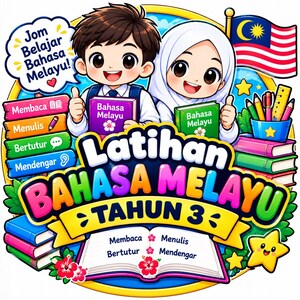 Op de afbeelding: Een kleurrijke educatieve afbeelding met twee cartoonstudenten die boeken vasthouden met het label Bahasa Melayu. De tekst luidt Jom Belajar Bahasa Melayu, Latihan Bahasa Melayu Tahun 3, Membaca, Menulis, Bertutur en Mendengar. Inclusief een Maleisische vlag.