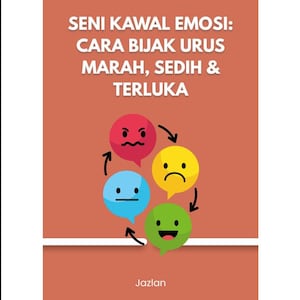 Puede incluir: Una portada de libro con fondo terracota que presenta el texto SENI KAWAL EMOSI: CARA BIJAK URUS MARAH, SEDIH & TERLUKA y el nombre del autor Jazlan. Debajo del texto hay cuatro globos de diálogo en rojo, amarillo, azul y verde con expresiones.