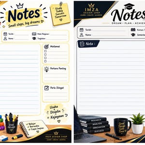 May include: Two digital note-taking templates featuring white backgrounds with black and gold accents. The left template includes sections for notes, goals, and important tasks. The right template features a graduation cap icon and academic fields.