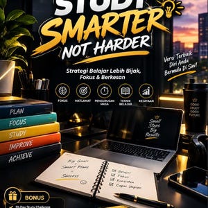 Puede incluir: Una portada de libro digital titulada Study Smarter Not Harder que muestra una computadora portátil, un cuaderno de espiral con notas escritas a mano, un bolígrafo y una pila de libros. El diseño incluye texto dorado, iconos y fondo oscuro.