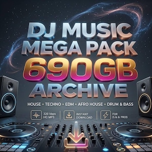 May include: A digital graphic featuring the text DJ MUSIC MEGA PACK 690GB ARCHIVE with subtext listing House, Techno, EDM, Afro House, and Drum & Bass. The image includes two black speakers and a DJ controller with an instant download icon.