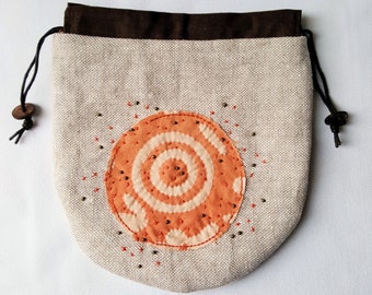 Textile art embroidered linen pouch - clementine