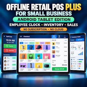 Pode incluir: Três tablets exibem uma interface de software POS de varejo offline para pequenas empresas. As telas mostram grades de checkout com ícones de produtos, funções de ponto de funcionários e relatórios de vendas. Texto: OFFLINE RETAIL POS PLUS.