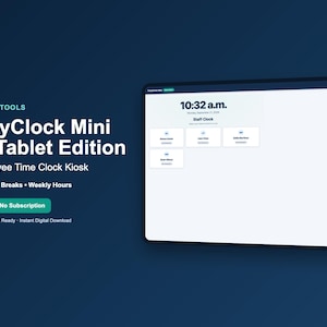 Pode incluir: Um tablet exibindo a interface TinyClock Mini Employee Time Clock Kiosk com fundo azul escuro. A tela mostra a hora, data e botões de registro de ponto. O texto inclui TinyBizTools, Clock In, Breaks e Weekly Hours.