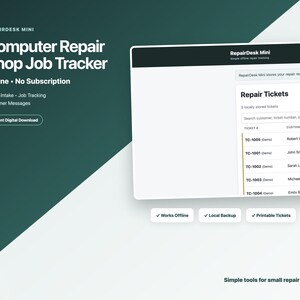 Könnte beinhalten: Eine digitale Software-Oberfläche namens RepairDesk Mini zur Verfolgung von Computerreparaturaufträgen. Der Bildschirm zeigt eine Liste von Reparaturtickets, Kundennamen und Gerätemodellen. Funktionen umfassen Offline-Betrieb, lokale Sicherung und druckbare Tickets.