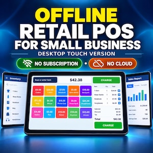 May include: An offline retail point of sale system for small business desktop touch version. The screen displays a grid of colorful product buttons with prices, a transaction total of $42.38, and a charge button. Features no subscription and no cloud.