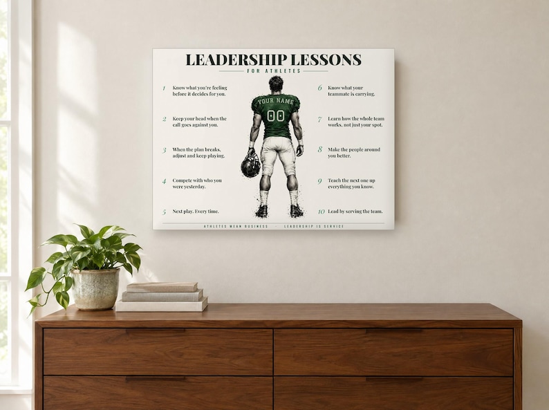 Personalized Football Canvas for Boys and Men, Leadership Lessons for Athletes, Custom Name and Number Wall Art, Football Gift image 1