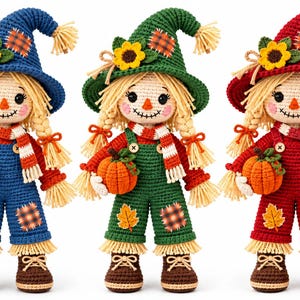 Schema per realizzare all'uncinetto una bambola amigurumi a forma di spaventapasseri (PDF), con zucca autunnale, cappello a girasole e salopette patchwork.