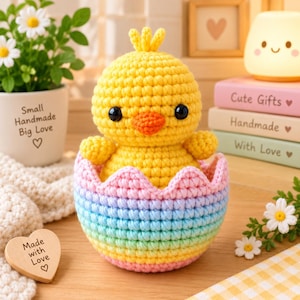 Può includere: Un pulcino all'uncinetto giallo con occhi neri e becco arancione, seduto all'interno di un guscio d'uovo all'uncinetto color pastello con strisce orizzontali rosa, viola, blu, verdi e gialle, caratterizzato da un bordo superiore smerlato.