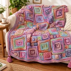 Crochet pattern,Puff Flower Patchwork Throw Pattern, Rainbow Granny Square Afghan (PDF Download)