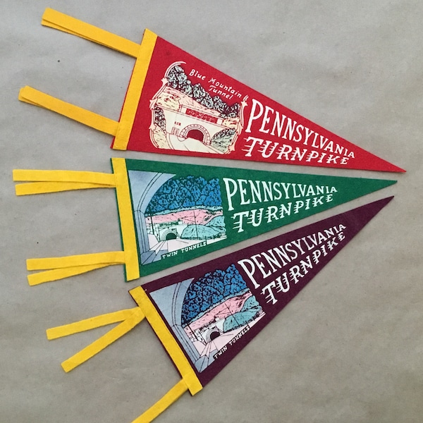 Vintage USA Mini Travel Pennants: Pennsylvania Turnpike Blue Mountain, Twin Tunnels - 4 Versions