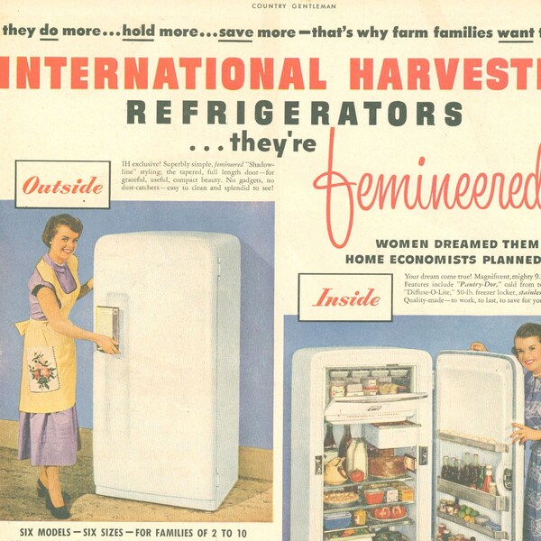 1950 IH Fridge Ad - International Harvester Refrigerator Kitchen Appliance Vintage Ad Magazine Print Advertisement Kitchen Wall Art Unframed