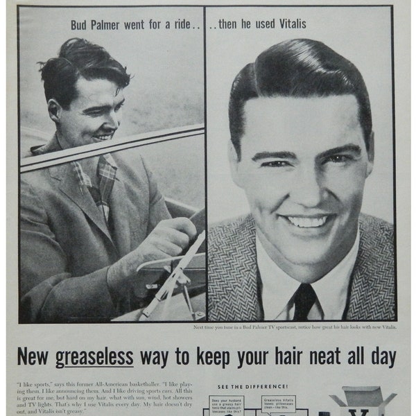 1957 Vitalis Ad Bud Palmer Basketball All American Sportscaster Hair Tonic Men's Grooming Wall Art Vintage Advertising NY Knicks - unframed