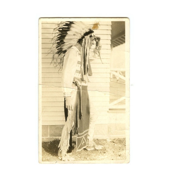 Man Dressed as American Indian Vintage Postcard - Headdress Fringed Pants, Poss Halloween/Play Costume Native American Unposted c1910s-1930s