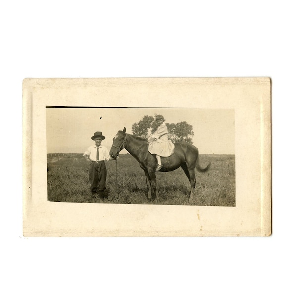 RPPC Boy, Girl and Horse - 1907-1920 Real Photo Postcard - Children in Sunday Best - Kids Horse-Riding - Divided NOKO