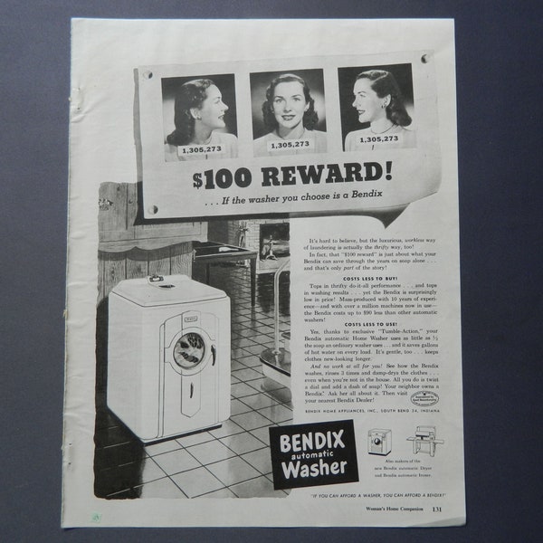 1948 Bendix Washer Ad - Laundry Collectible Washing Machine Vintage Magazine Advertisement Laundry Room Wall Decor Unframed