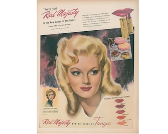 1947 Tangee Lipstick Ad - Beautiful Blonde Model - Makeup Cosmetic Vintage Red Bath Wall Decor