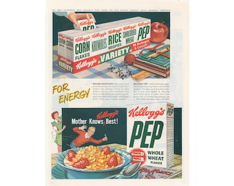 1948 Kellogg's Cereal Ad - Pep, Corn Flakes, Krumbles, Rice Krispies, Shredded Wheat - Vintage Breakfast Collectible, Food Print Advertising