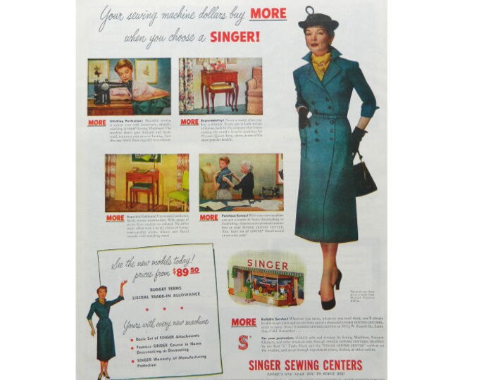 Singer Sewing Center Ad Magazine Advertisement 1950 - Etsy