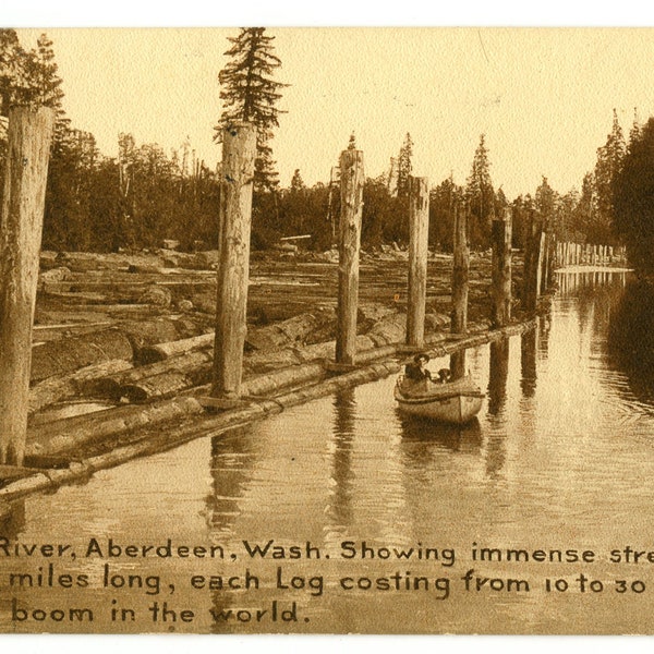 Wishkah River Aberdeen Washington Antique Postcard - Largest Log Boom In World - Five Miles of Logs, Man in Boat - c1912 Pan Pacific Cancel