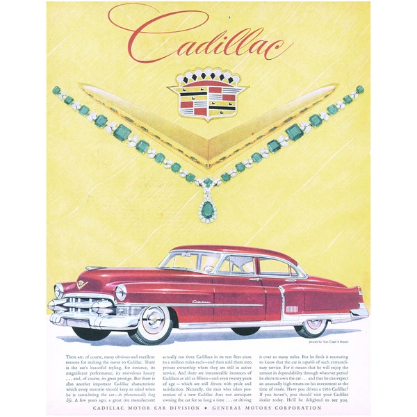 1953 Cadillac Ad with Van Cleef and Arpels Jewels - Vintage Print Ad - unframed