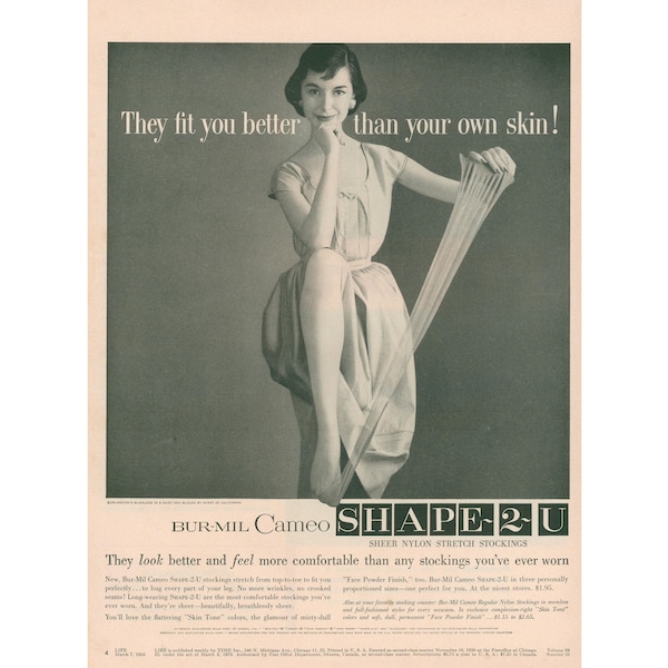 1955 Nylon Stocking Ad - Bur-Mil CXameo Shape 2-U Sheer Nylons - Ladies' Undergarments - Unframed - Magazine Print Ad