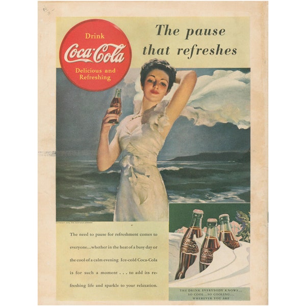 1939 Coca-Cola Ad - Vintage Coke Collectible, Smaller Beverage Soda Wall Art Decor, Beautiful Girl, Pinup, Magazine Print Ad, Unframed