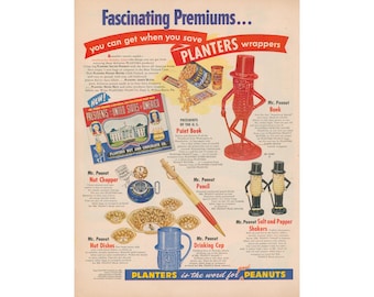 1948 Planter's Ad - Vintage Mister Peanut Premiums - Bank, Salt and Pepper, Pencil, Nut Chopper, Paint Book, Drinking Cup