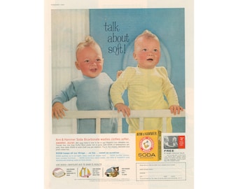 1962 Arm and Hammer Baking Soda Ad - Vintage Ad, Use to Wash Softer for Babies - Twin Infants in Crib - Unframed