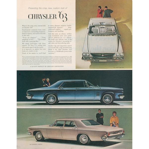 1963 Chrysler Car Ad - Vintage Models Sports Bred, New Yorker, Newport Unframed Collectible Vintage Print Ad