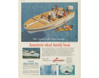 1961 Larson Boat Ad - Vintage Motor Boats, Speed Boat, Summer Family Fun, Wall Art or Collectible, Unframed