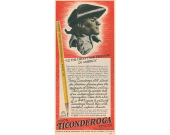 1940 Ticonderoga Pencil Ad - Vintage Print Advertising, Dixon School Pencils, Unframed