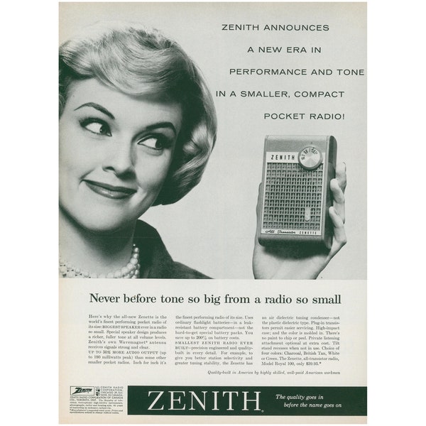 1960 Zenith Transistor Radio Ad - Handheld Portable Pocket Radio, Advertised as Smallest Radio Built, The Zenette, Unframed Vintage Ad