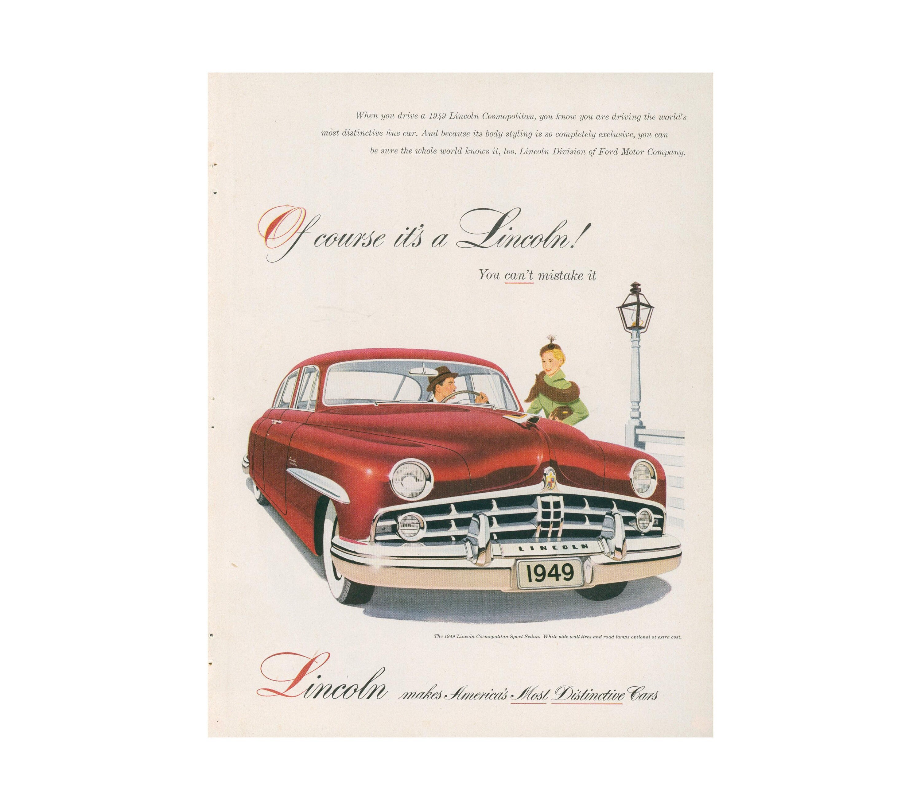 1949 Lincoln Car Ad - Deep Red, Vintage Print Ad, Automobile Collectible or Wall Decor