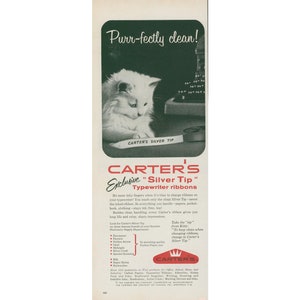 1957 Carter Typewriter Ribbon Ad White Cat Plays with Silver Tip Ribbon - Vintage Advertising for Wall Decor or Collectible - Unframed