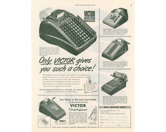1950 Victor Adding Machine Ad - Victor Champion Vintage Bookkeeping, Office Equipment Collectible, Print Advertising Office Art, Unframed