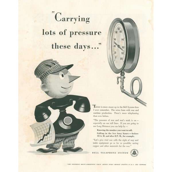 1942 Bell Telephone Ad - Bell System - Pressures of War - WW2 Wartime Effort - Vintage Print Advertising - Unframed