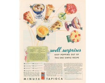 1932 Minute Tapioca Ad - Vintage Food Print Advertising - Swell Kitchen Art has Recipe for Minute Tapioca Cream - Unframed