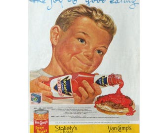 Boy with Ketchup - Stokely's Ad - 1950's Vintage Food Advertising - Kitchen Wall Art Decor
