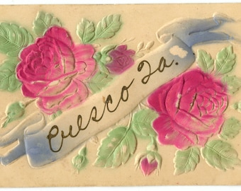 Cresco Iowa Embossed Antique Postcard - Pink Roses Green Leaves Blue Banner